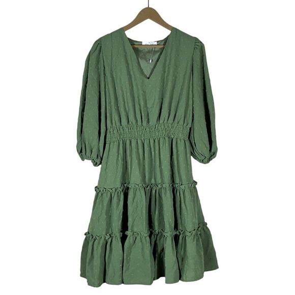 Marie Nicole Dresses & Skirts - Marie Nicole Swiss Dot Tiered Ruffle Dress Sage Green Boho Smocked Size L
